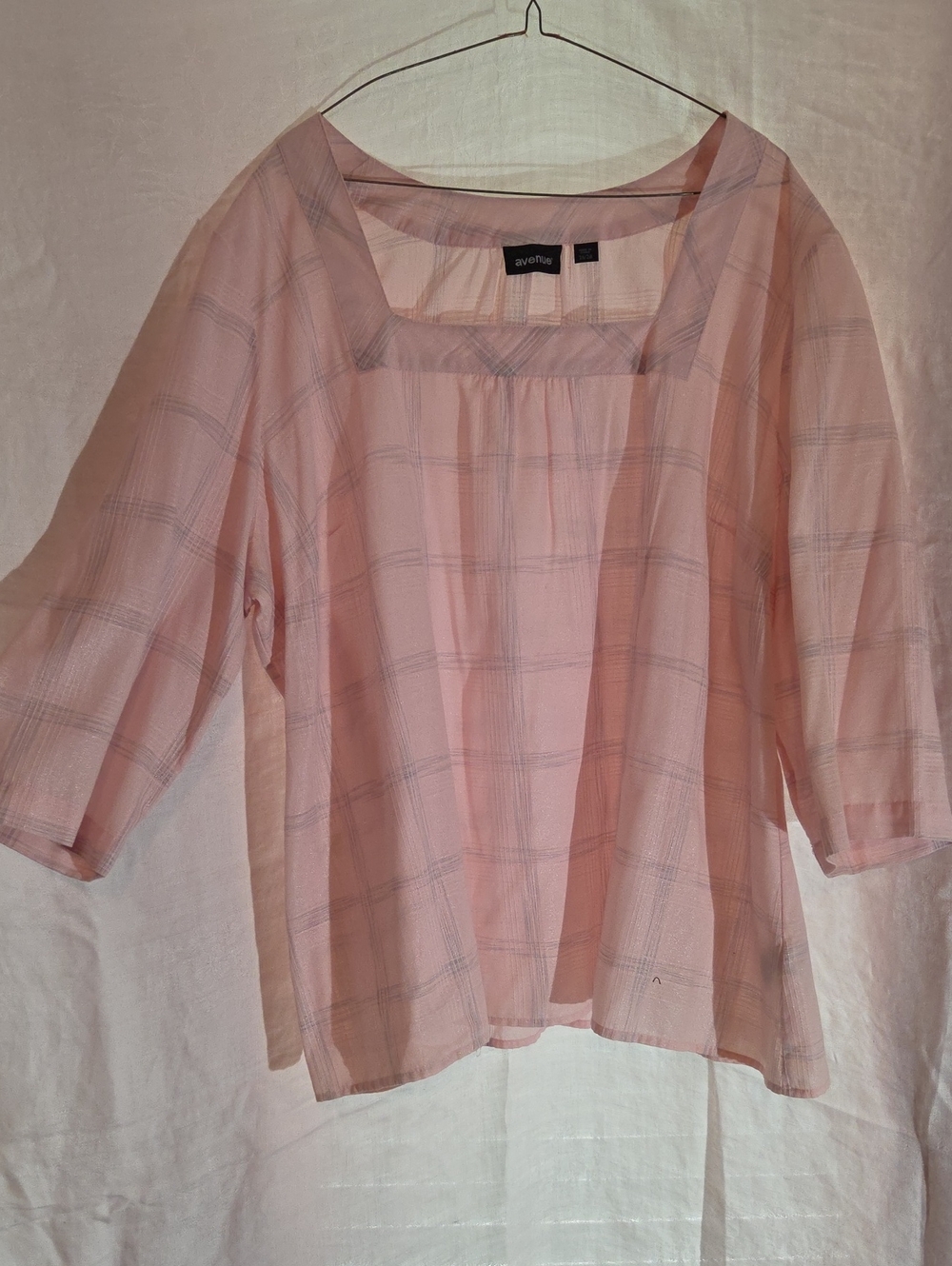 Avenue Soft Pink Plaid Square-Neck Blouse